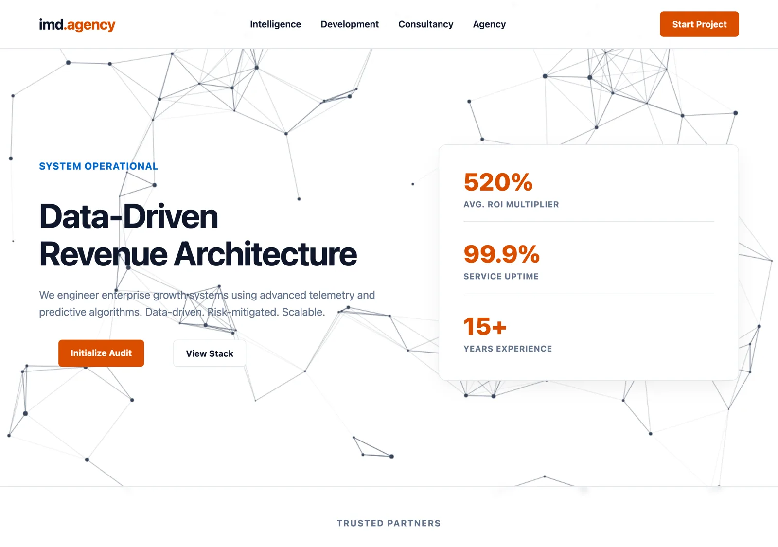 The imd theme: a light agency landing page with a network illustration and a statistics panel