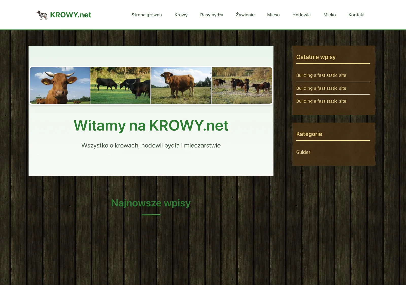 The krowy theme: a wood-texture background, a photo strip and a sidebar with recent posts and categories
