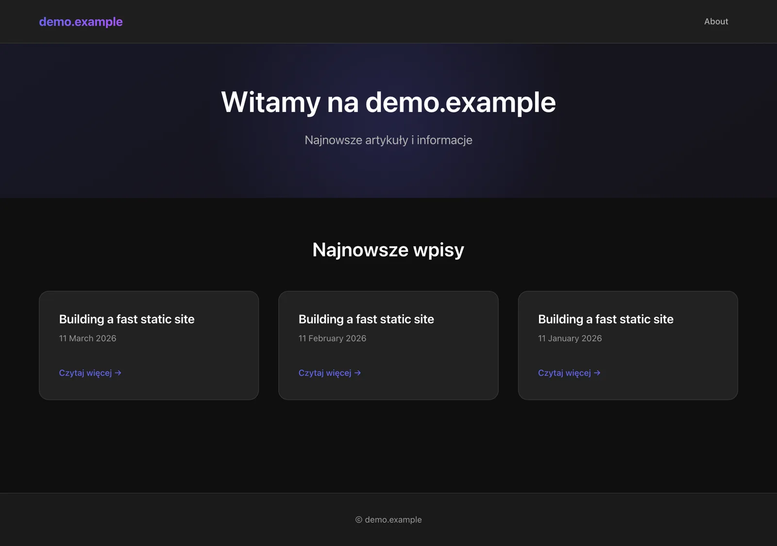 The simple theme: a dark hero, a three-card post listing and a slim footer